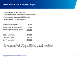 © 2012 KPMG LLP, a Canadian limited liability partnership and a member firm of the KPMG network of independent
member firms affiliated with KPMG International Cooperative (KPMG International), a Swiss entity.
All rights reserved.
14
Accumulation Distribution Example
  Trust created 10 years ago with $1
  Trust earned $10,000/year of dividend income
  Trust paid Canadian tax of $2500/year
  Distribution of $75,000 in Year 11
US beneficiary reports $ 75,000
Gross-up for tax paid by trust 25,000
Income reported on US return $100,000
US tax calculation $ 35,000
Foreign tax credit 25,000
Net US tax owing $ 10,000
  Interest is charged on $1000/year of US tax for 10 years, 9 years, 8 years
etc…in some cases the US tax plus interest is more than the distribution
 