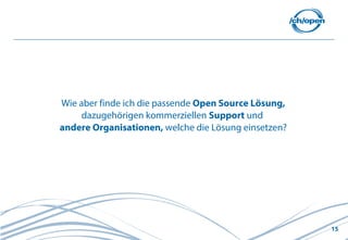 15
Wie aber finde ich die passende Open Source Lösung,
dazugehörigen kommerziellen Support und
andere Organisationen, welche die Lösung einsetzen?
 