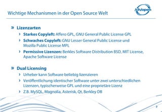 7
Wichtige Mechanismen in der Open Source Welt
Lizenzarten
Starkes Copyleft: Affero GPL, GNU General Public License GPL
Schwaches Copyleft: GNU Lesser General Public License und
Mozilla Public License MPL
Permissive Lizenzen: Berkles Software Distribution BSD, MIT License,
Apache Software License
Dual Licensing
Urheber kann Software beliebig lizenzieren
Veröffentlichung identischer Software unter zwei unterschiedlichen
Lizenzen, typischerweise GPL und eine proprietäre Lizenz
Z.B. MySQL, Magnolia, Asterisk, Qt, Berkley DB
 