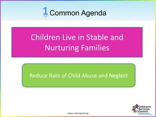 www.cscbroward.org
Common Agenda
Children Live in Stable and
Nurturing Families
Reduce Rate of Child Abuse and Neglect
 