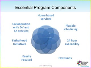 www.cscbroward.org
Essential Program Components
Home based
services
Flexible
scheduling
24 hour
availability
Flex funds
Family
Focused
Fatherhood
Initiatives
Collaboration
with DV and
SA services
 