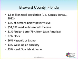 www.cscbroward.org
Broward County, Florida
• 1.8 million total population (U.S. Census Bureau,
2012)
• 13% of persons below poverty level
• $51,782 median household income
• 31% foreign born (78% from Latin America)
• 27% Black
• 26% Hispanic or Latino
• 13% West Indian ancestry
• 23% speak Spanish at home
 