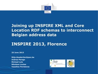 I.T.
Joining up INSPIRE XML and Core
Location RDF schemas to interconnect
Belgian address data
INSPIRE 2013, Florence
25 June 2013
Stijn.Goedertier@pwc.be
Andrea Perego
Michael Lutz
Nikolaos Loutas
Vassilios Peristeras
 