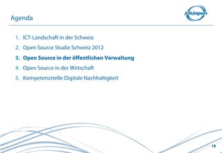18
1. ICT-Landschaft in der Schweiz
2. Open Source Studie Schweiz 2012
3. Open Source in der öffentlichen Verwaltung
4. Open Source in der Wirtschaft
5. Kompetenzstelle Digitale Nachhaltigkeit
Agenda
 