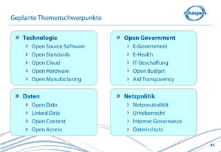 41
Technologie
Open Source Software
Open Standards
Open Cloud
Open Hardware
Open Manufacturing
Daten
Open Data
Linked Data
Open Content
Open Access
Geplante Themenschwerpunkte
Open Government
E-Government
E-Health
IT-Beschaffung
Open Budget
Aid Transparency
Netzpolitik
Netzneutralität
Urheberrecht
Internet Governance
Datenschutz
 