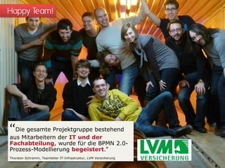 Happy Team!
“Die gesamte Projektgruppe bestehend
aus Mitarbeitern der IT und der
Fachabteilung, wurde für die BPMN 2.0-
Prozess-Modellierung begeistert.“
Thorsten Schramm, Teamleiter IT-Infrastruktur, LVM Versicherung
 