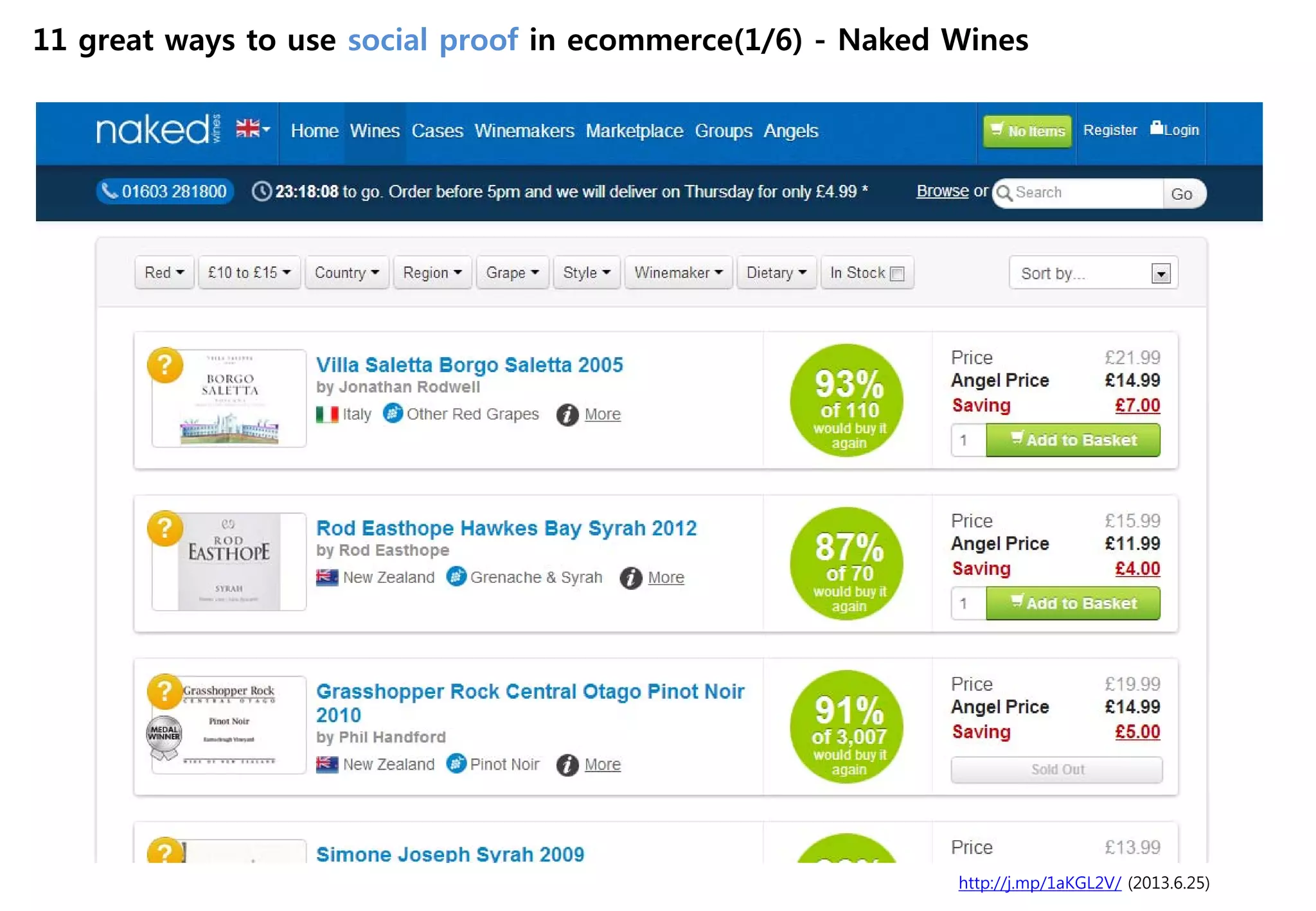 http://j.mp/1aKGL2V/ (2013.6.25)
11 great ways to use social proof in ecommerce(1/6) - Naked Wines
 