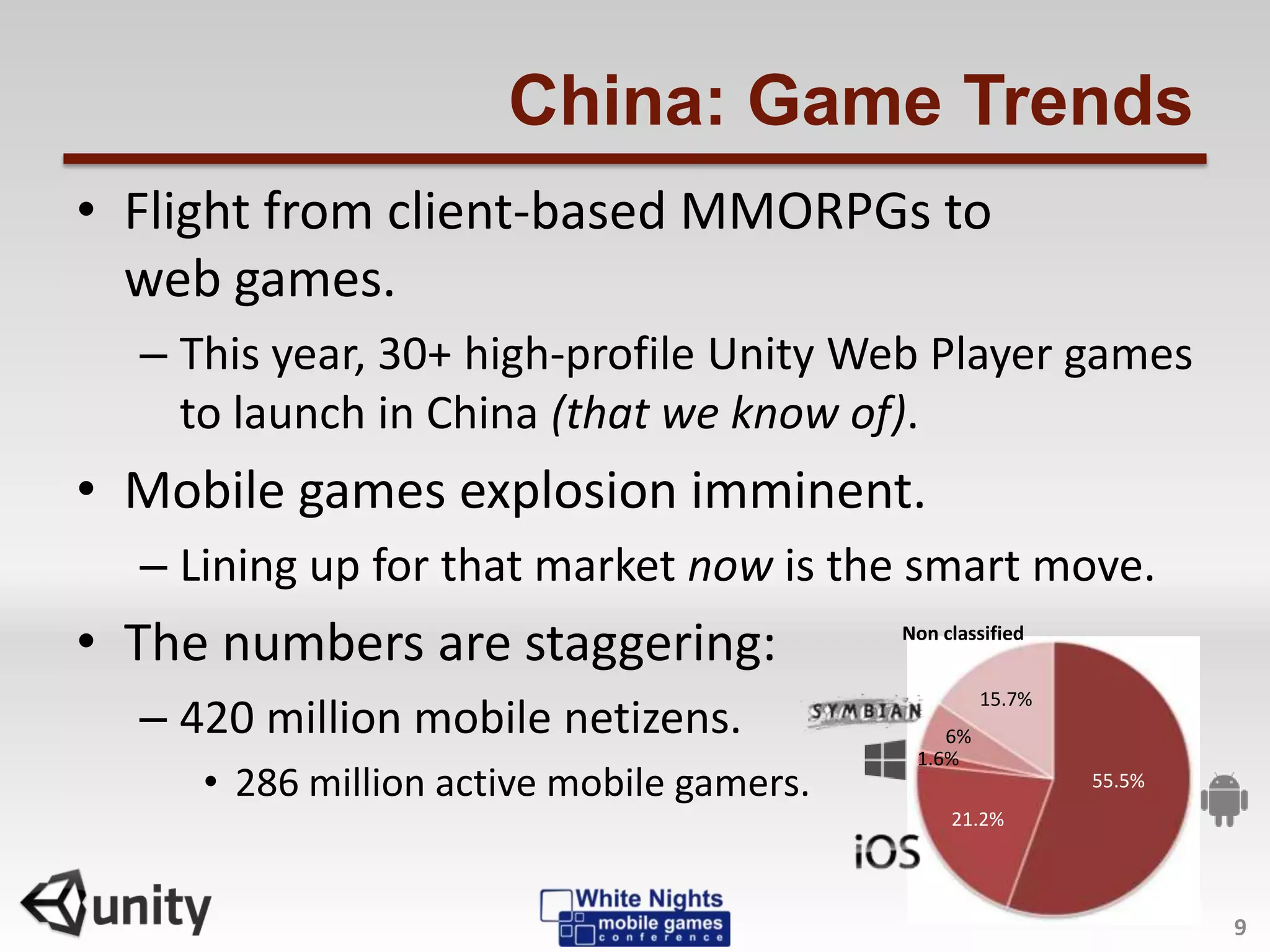China: Game Trends
• Flight from client-based MMORPGs to
web games.
– This year, 30+ high-profile Unity Web Player games
to launch in China (that we know of).
• Mobile games explosion imminent.
– Lining up for that market now is the smart move.
• The numbers are staggering:
– 420 million mobile netizens.
• 286 million active mobile gamers.
9
55.5%
21.2%
1.6%
6%
15.7%
Non classified
 