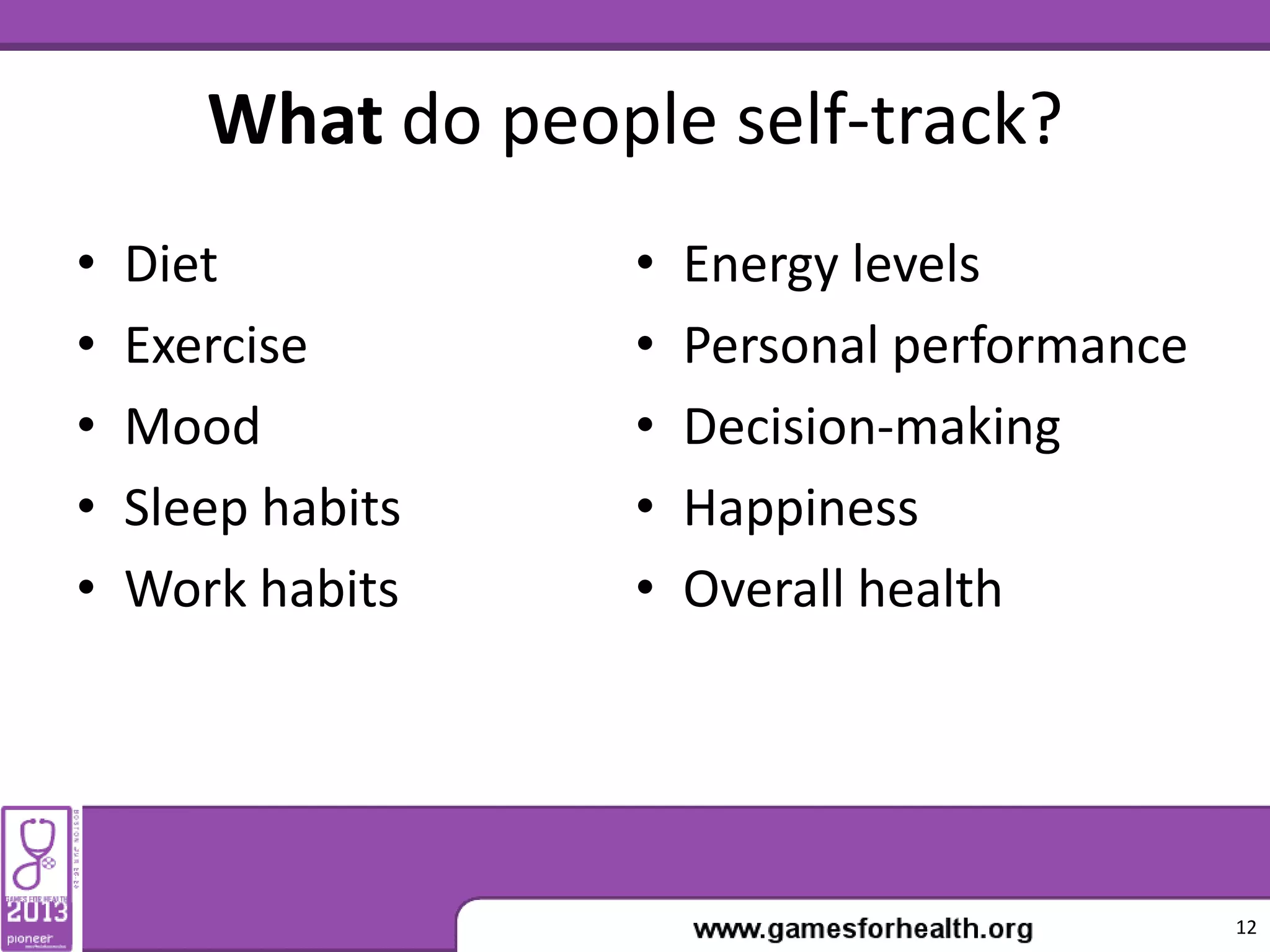 What do people self-track?
• Diet
• Exercise
• Mood
• Sleep habits
• Work habits
• Energy levels
• Personal performance
• Decision-making
• Happiness
• Overall health
12
 