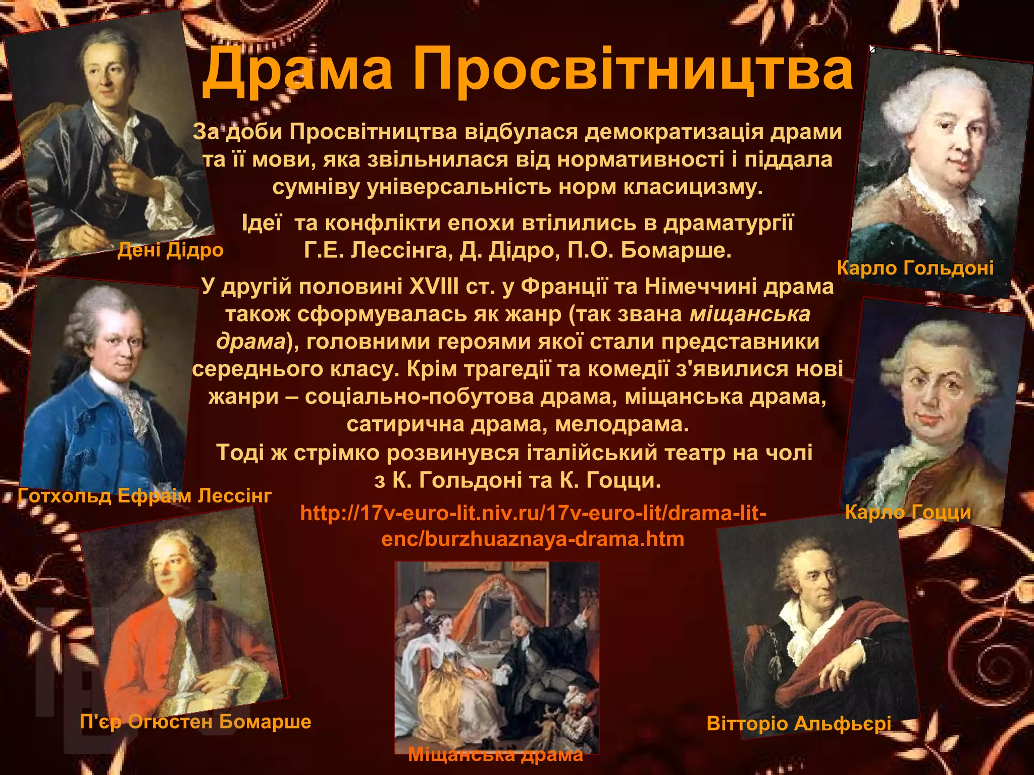 Драма Просвітництва
Вітторіо Альфьєрі
Міщанська драма
http://17v-euro-lit.niv.ru/17v-euro-lit/drama-lit-
enc/burzhuaznaya-drama.htm
П'єр Огюстен Бомарше
Карло Гоцци
Карло Гольдоні
Готхольд Ефраім Лессінг
За доби Просвітництва відбулася демократизація драми 
та її мови, яка звільнилася від нормативності і піддала 
сумніву універсальність норм класицизму.
Ідеї  та конфлікти епохи втілились в драматургії 
Г.Е. Лессінга, Д. Дідро, П.О. Бомарше.
У другій половині ХVIII ст. у Франції та Німеччині драма 
також сформувалась як жанр (так звана міщанська
драма), головними героями якої стали представники 
середнього класу. Крім трагедії та комедії з'явилися нові 
жанри – соціально-побутова драма, міщанська драма, 
сатирична драма, мелодрама.
Тоді ж стрімко розвинувся італійський театр на чолі 
з К. Гольдоні та К. Гоцци.
Дені Дідро
 