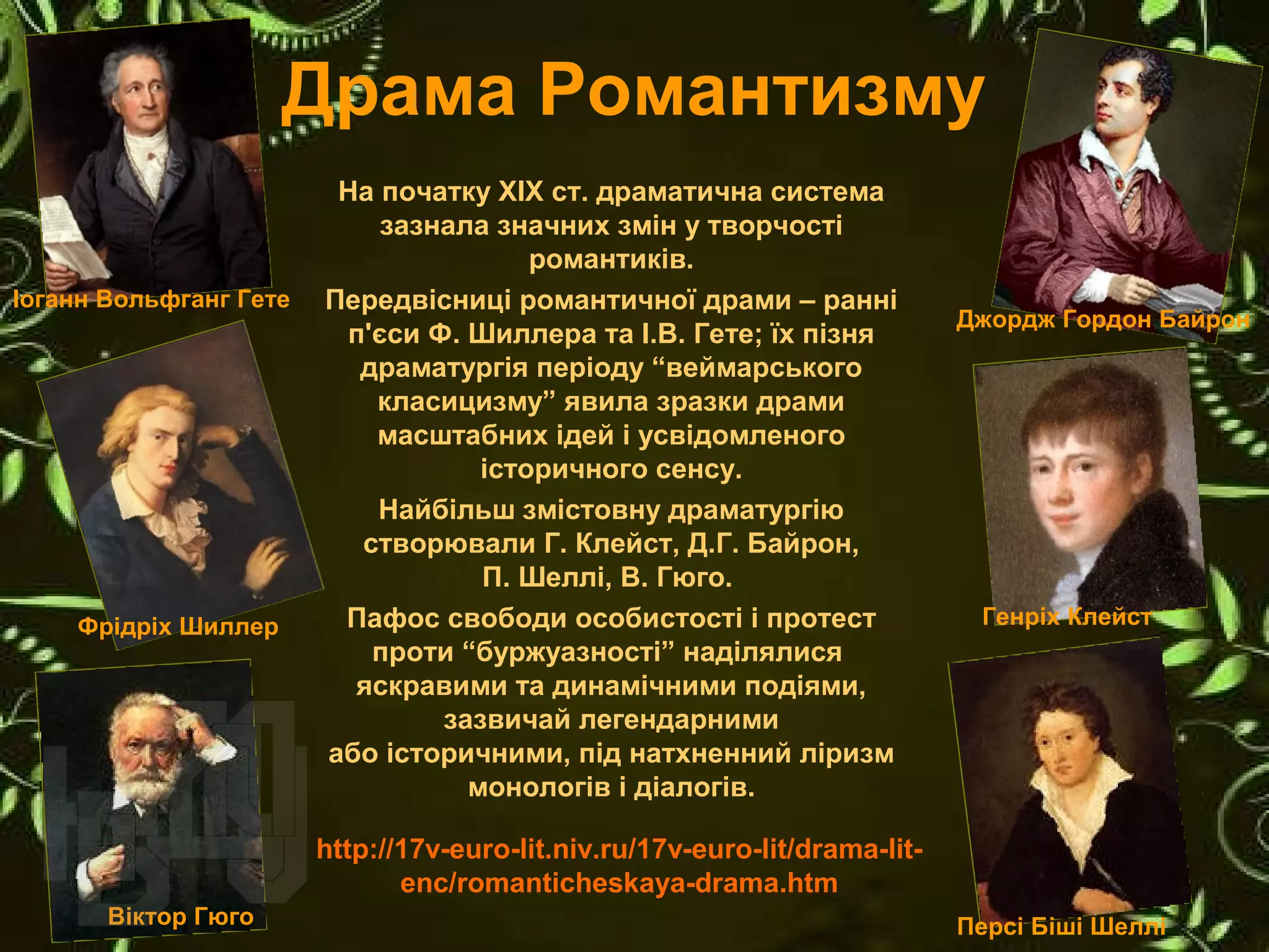 На початку ХІХ ст. драматична система 
зазнала значних змін у творчості 
романтиків.
Передвісниці романтичної драми – ранні 
п'єси Ф. Шиллера та І.В. Гете; їх пізня 
драматургія періоду “веймарського 
класицизму” явила зразки драми 
масштабних ідей і усвідомленого 
історичного сенсу.
Найбільш змістовну драматургію
створювали Г. Клейст, Д.Г. Байрон, 
П. Шеллі, В. Гюго. 
Пафос свободи особистості і протест 
проти “буржуазності” наділялися 
яскравими та динамічними подіями, 
зазвичай легендарними
або історичними, під натхненний ліризм 
монологів і діалогів.
Драма Романтизму
http://17v-euro-lit.niv.ru/17v-euro-lit/drama-lit-
enc/romanticheskaya-drama.htm
Персі Біші Шеллі 
Іоганн Вольфганг Гете
Фрідріх Шиллер
Віктор Гюго
Генріх Клейст
Джордж Гордон Байрон
 