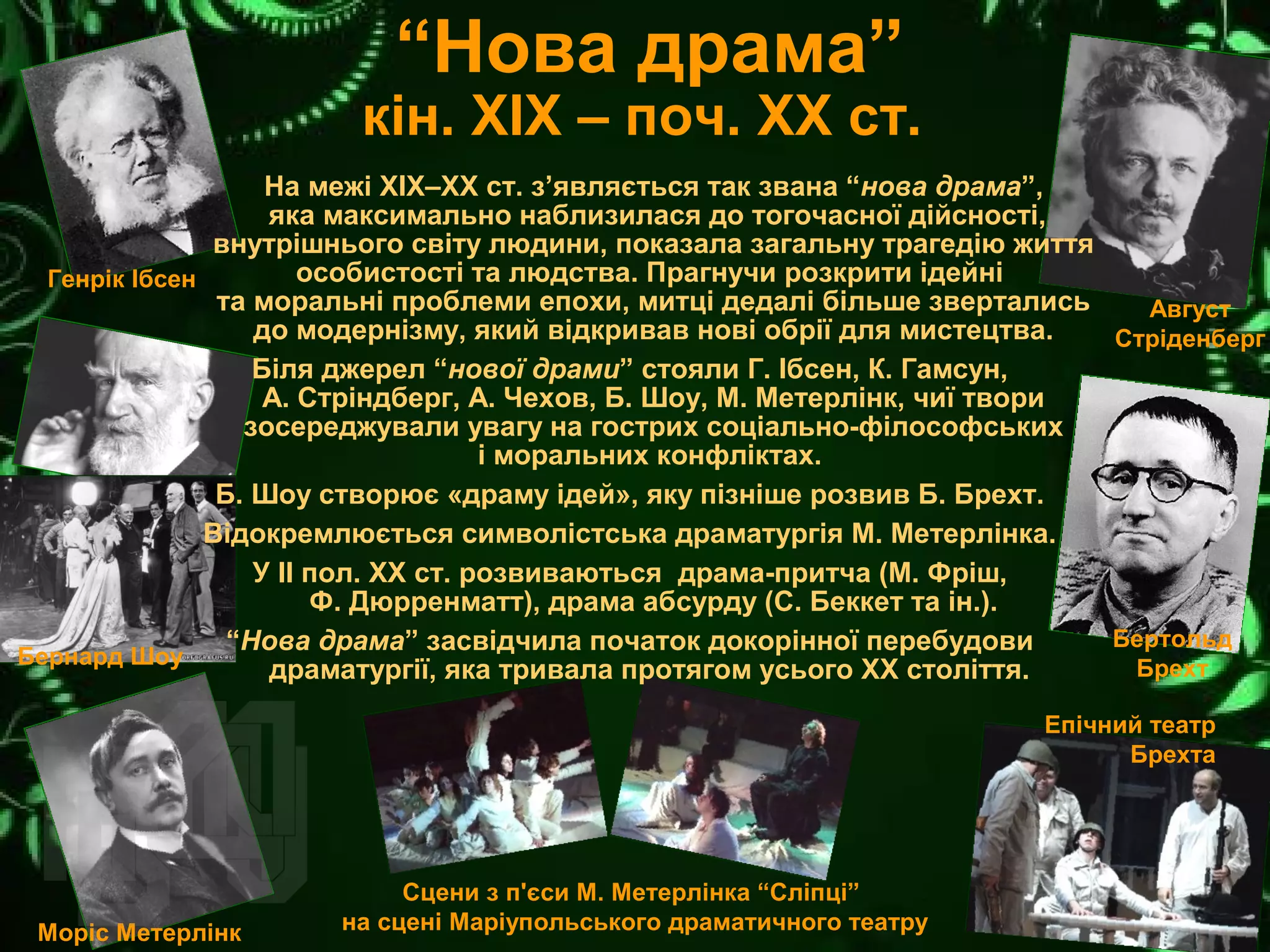 “Нова драма”
кін. ХІХ – поч. ХХ ст.
Генрік Ібсен
Август
Стріденберг
Бернард Шоу
Моріс Метерлінк
Бертольд
Брехт
Епічний театр
Брехта
На межі ХІХ–ХХ ст. з’являється так звана “нова драма”,
яка максимально наблизилася до тогочасної дійсності,
внутрішнього світу людини, показала загальну трагедію життя
особистості та людства. Прагнучи розкрити ідейні
та моральні проблеми епохи, митці дедалі більше звертались
до модернізму, який відкривав нові обрії для мистецтва.
Біля джерел “нової драми” стояли Г. Ібсен, К. Гамсун,
А. Стріндберг, А. Чехов, Б. Шоу, М. Метерлінк, чиї твори
зосереджували увагу на гострих соціально-філософських
і моральних конфліктах.
Б. Шоу створює «драму ідей», яку пізніше розвив Б. Брехт.
Відокремлюється символістська драматургія М. Метерлінка.
У ІІ пол. ХХ ст. розвиваються драма-притча (М. Фріш,
Ф. Дюрренматт), драма абсурду (С. Беккет та ін.).
“Нова драма” засвідчила початок докорінної перебудови
драматургії, яка тривала протягом усього ХХ століття.
Сцени з п'єси М. Метерлінка “Сліпці”
на сцені Маріупольського драматичного театру
 