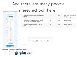 And there are many people
interested out there...
Freelancer.com search for web scrapping
 