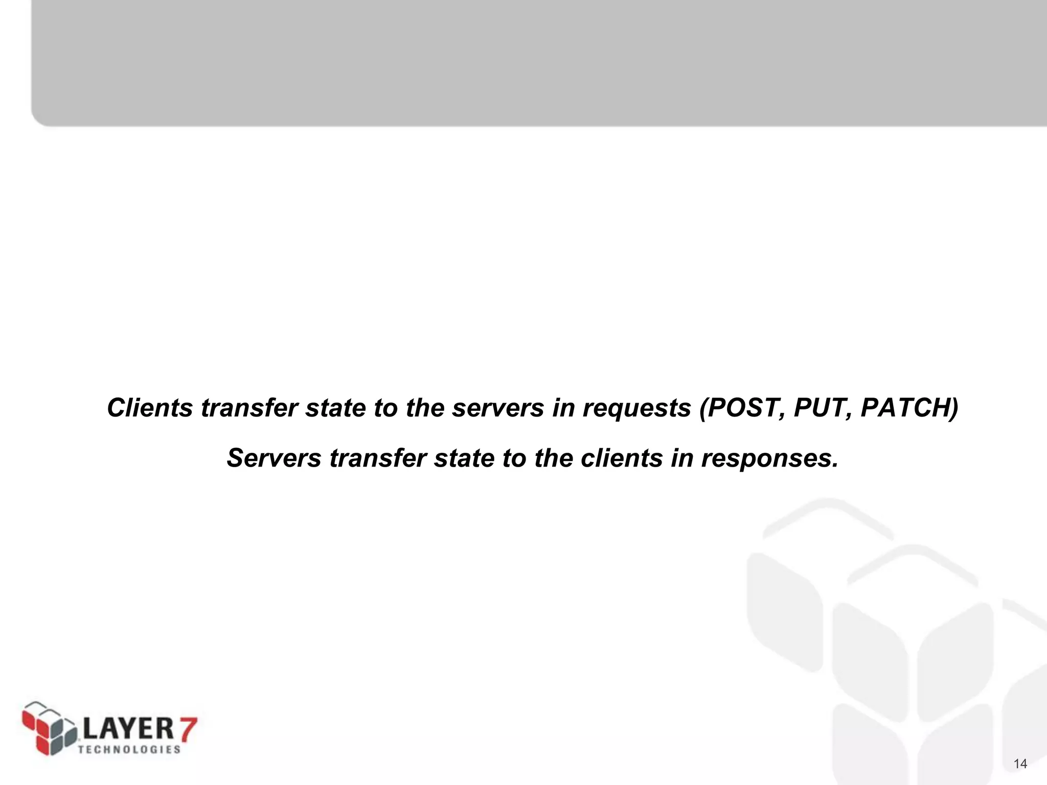 14
Clients transfer state to the servers in requests (POST, PUT, PATCH)
Servers transfer state to the clients in responses.
 