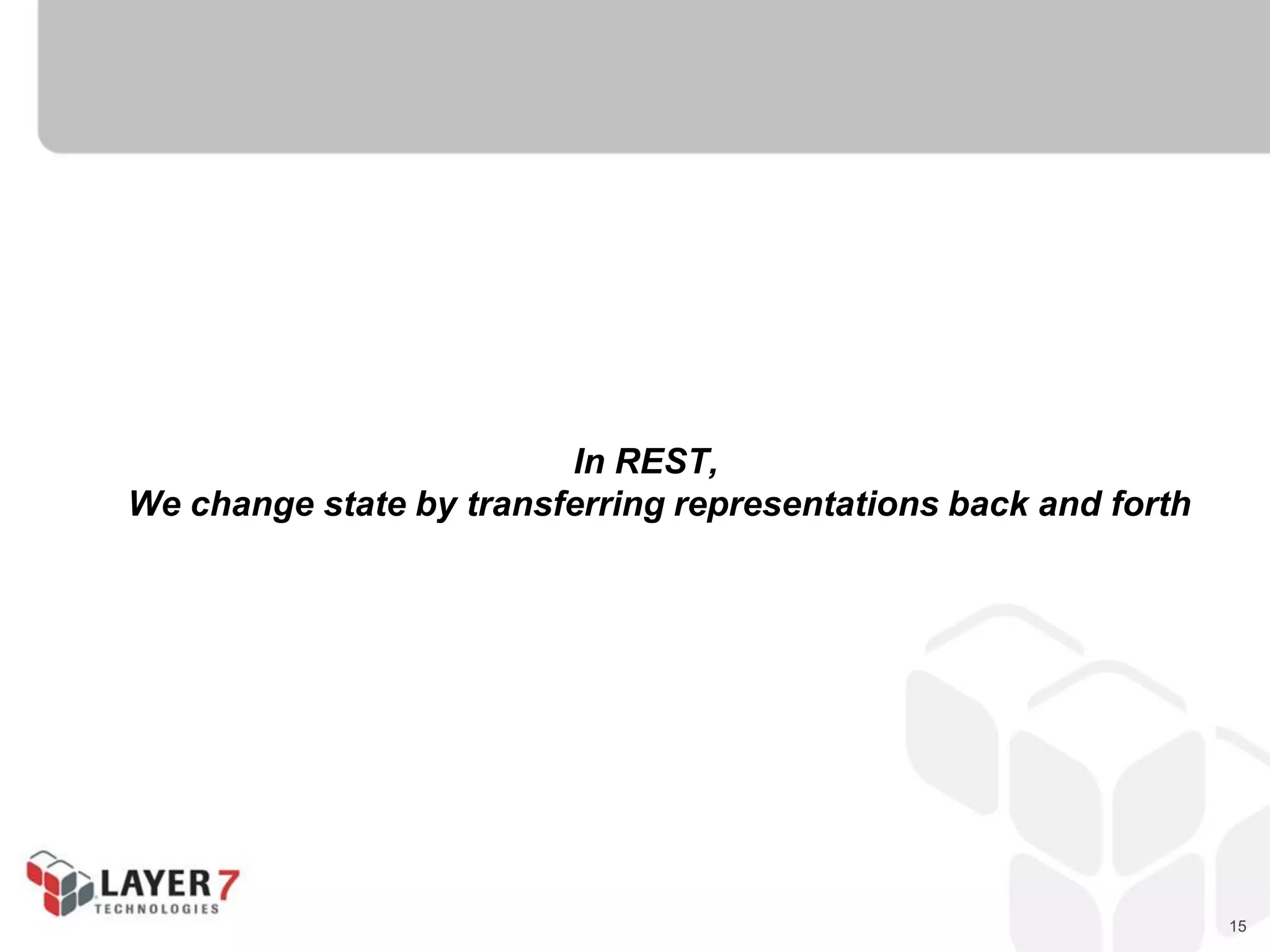 15
In REST,
We change state by transferring representations back and forth
 