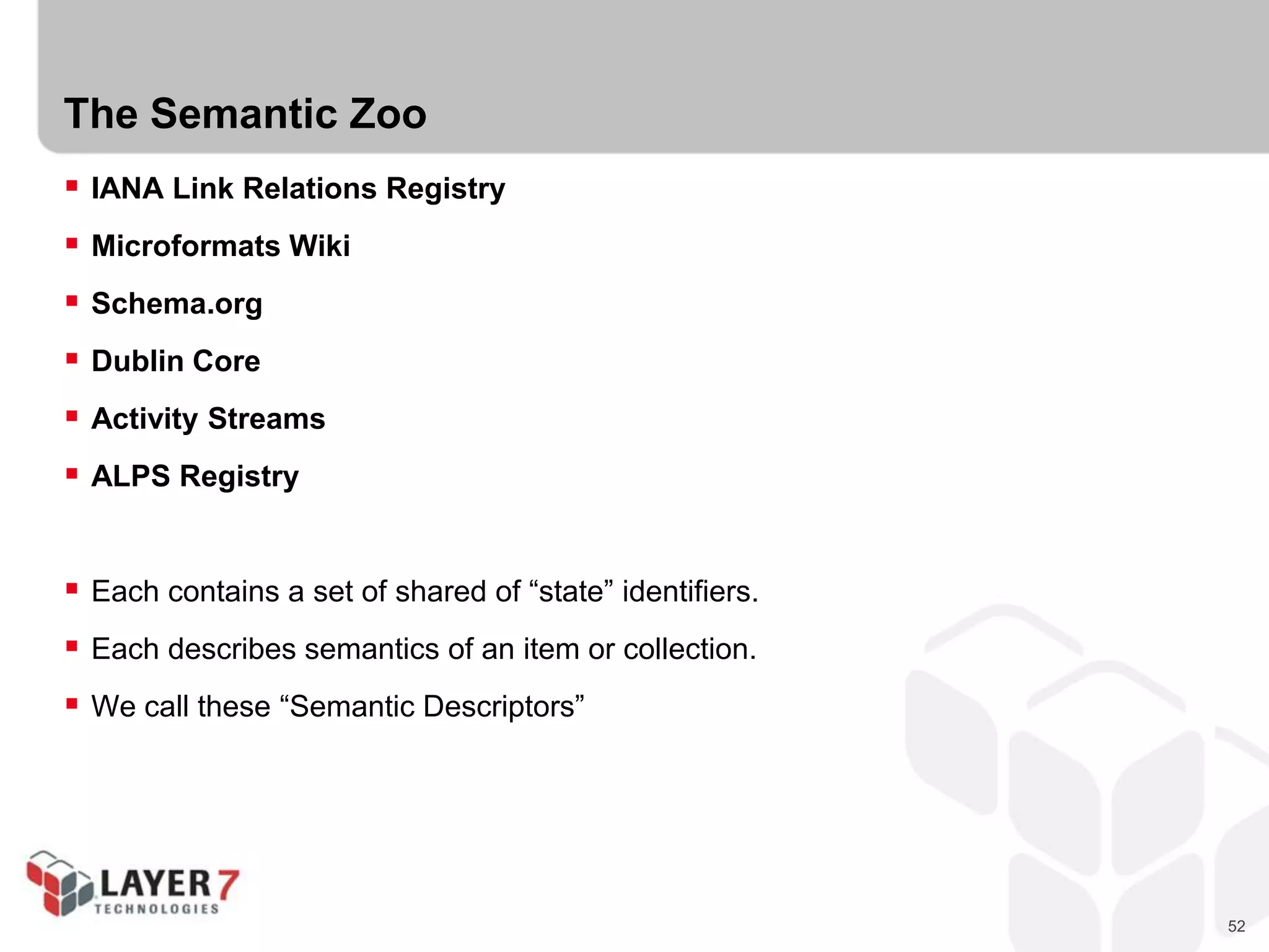 52
The Semantic Zoo
 IANA Link Relations Registry
 Microformats Wiki
 Schema.org
 Dublin Core
 Activity Streams
 ALPS Registry
 Each contains a set of shared of “state” identifiers.
 Each describes semantics of an item or collection.
 We call these “Semantic Descriptors”
 