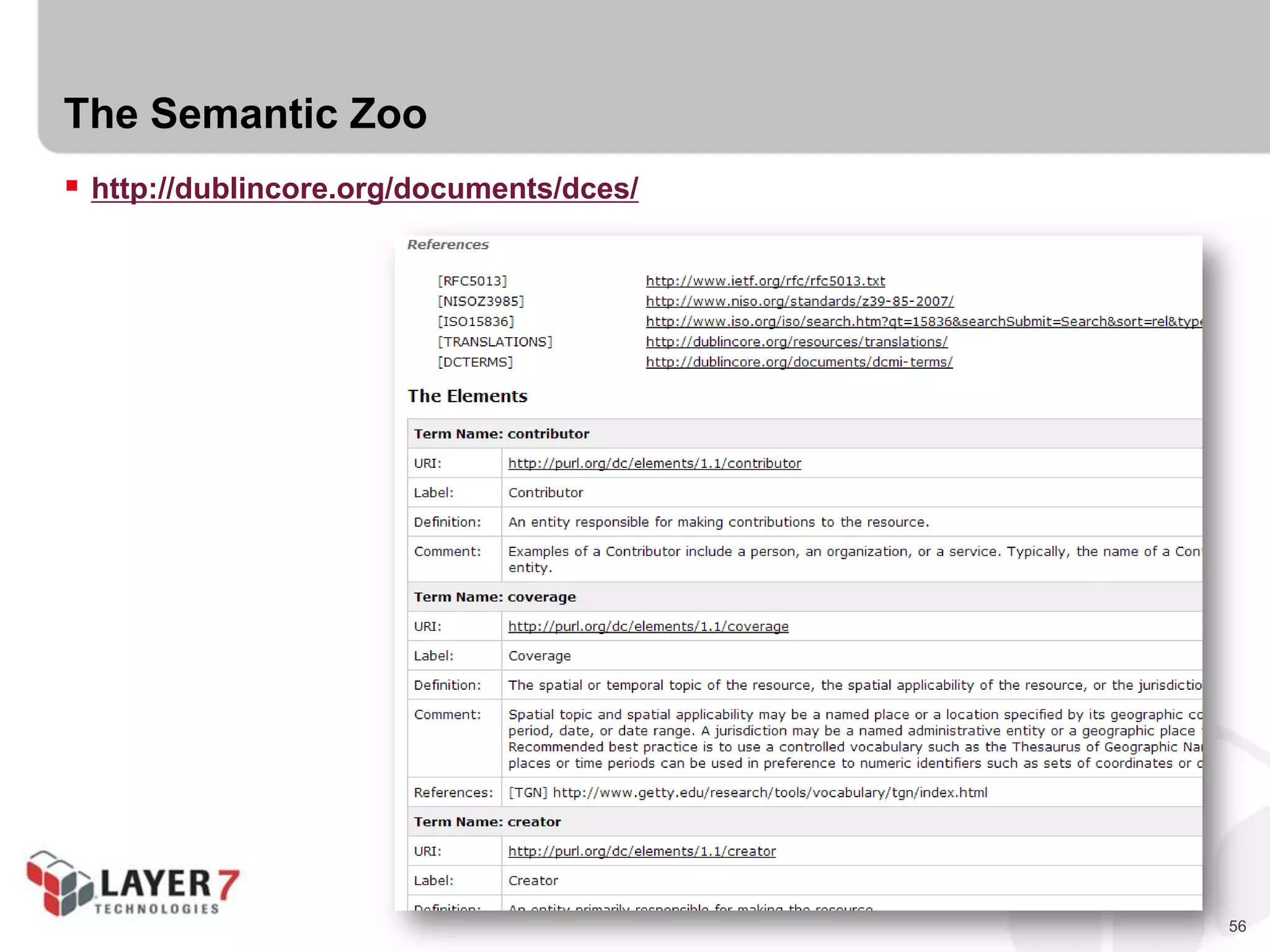 56
The Semantic Zoo
 http://dublincore.org/documents/dces/
 