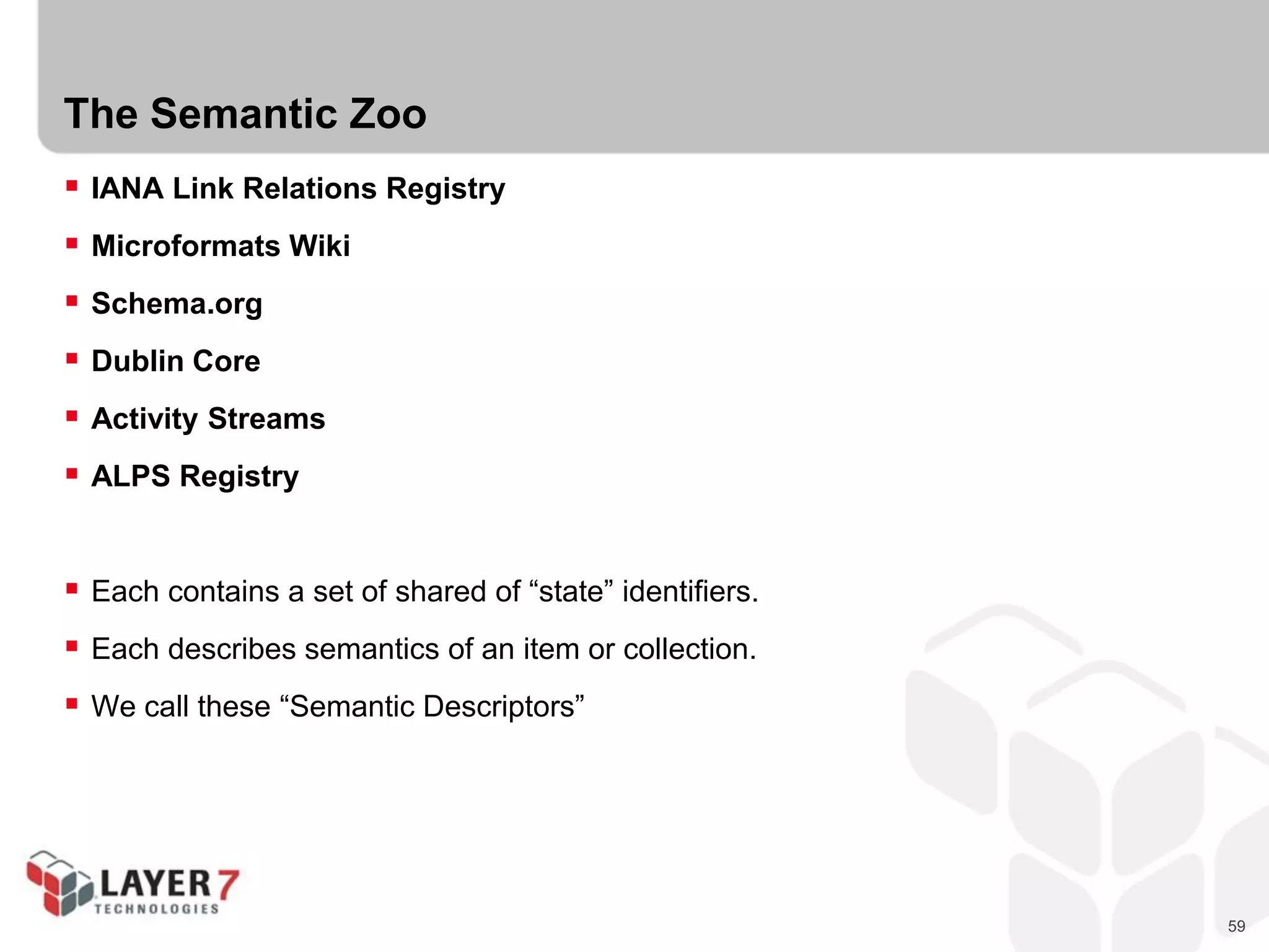 59
The Semantic Zoo
 IANA Link Relations Registry
 Microformats Wiki
 Schema.org
 Dublin Core
 Activity Streams
 ALPS Registry
 Each contains a set of shared of “state” identifiers.
 Each describes semantics of an item or collection.
 We call these “Semantic Descriptors”
 