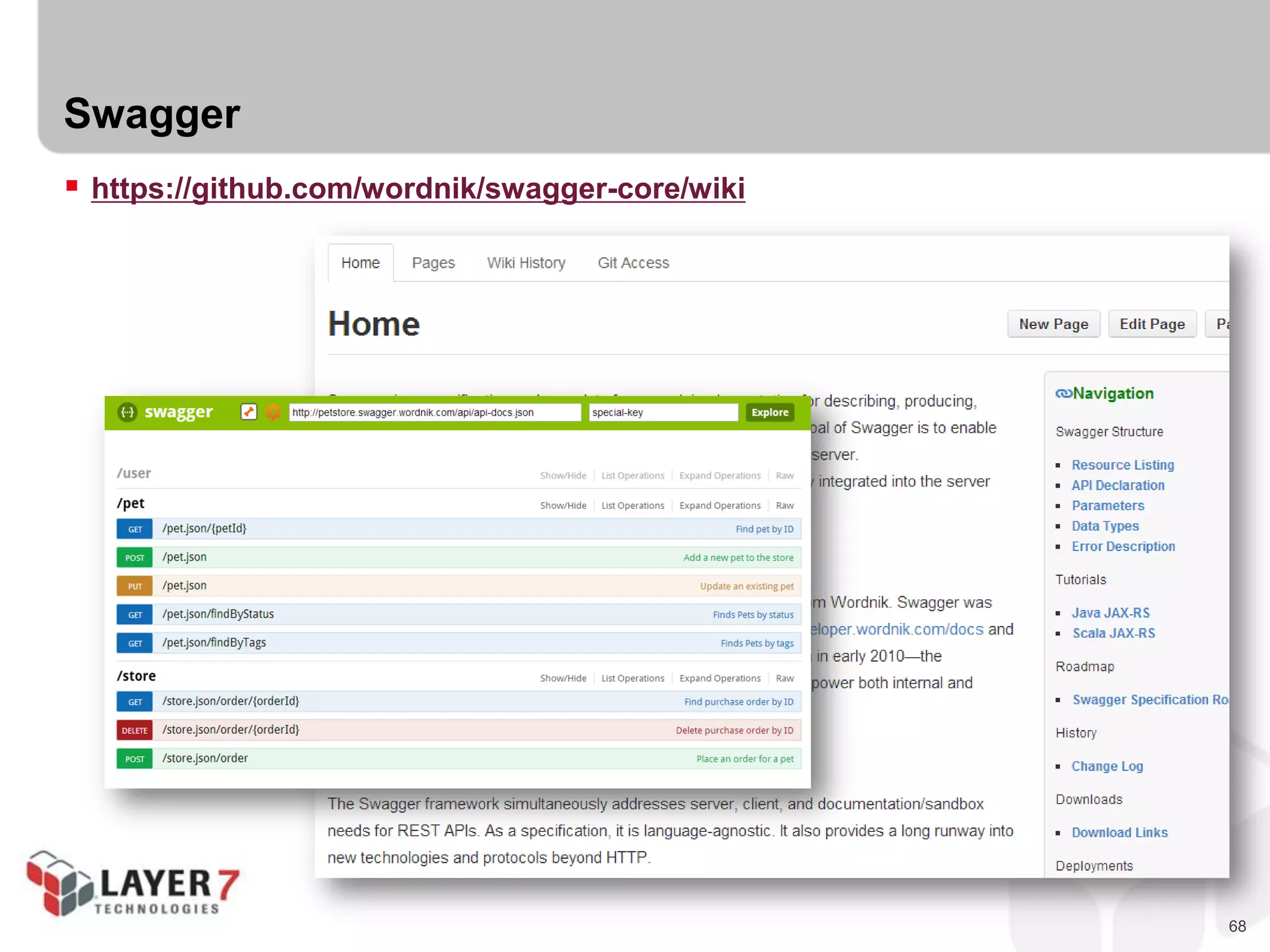 68
Swagger
 https://github.com/wordnik/swagger-core/wiki
 
