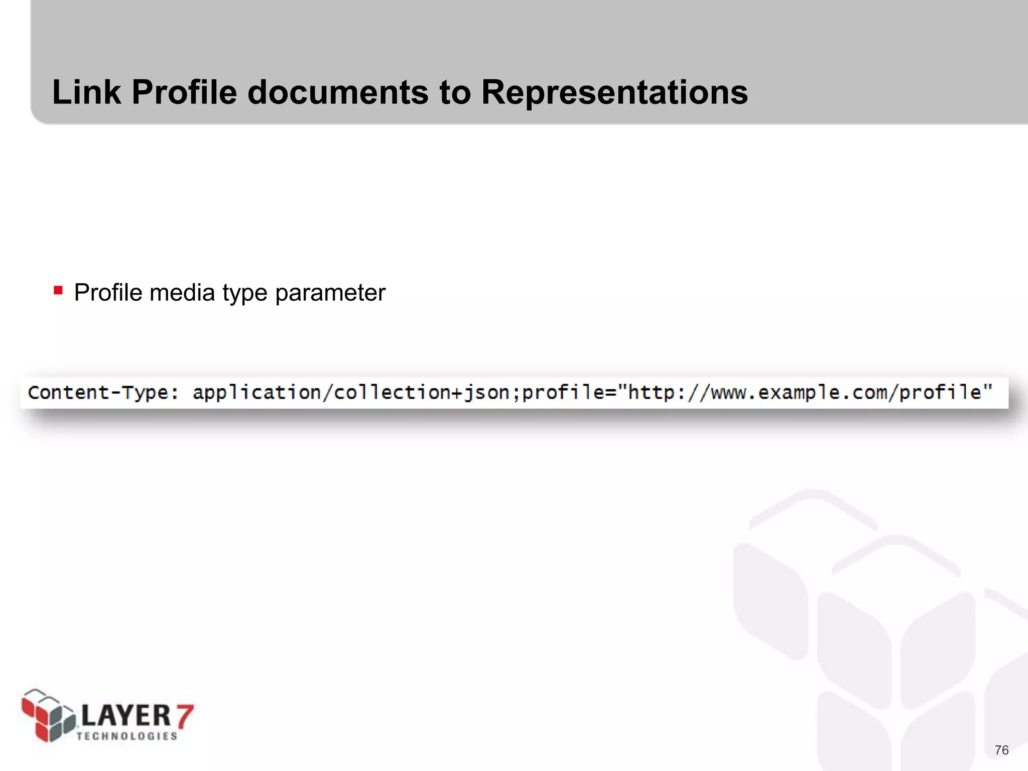 76
Link Profile documents to Representations
 Profile media type parameter
 