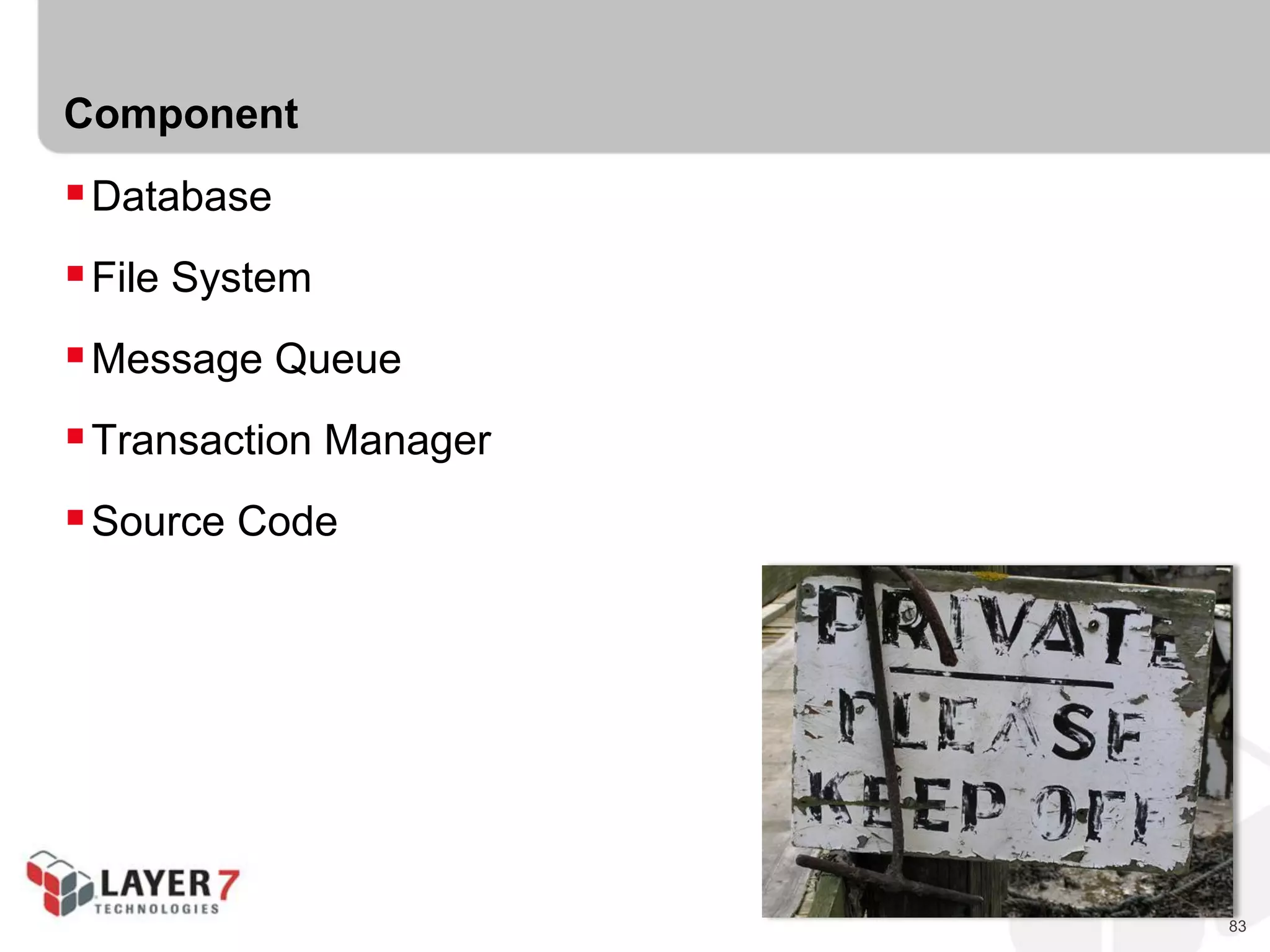 83
Component
Database
File System
Message Queue
Transaction Manager
Source Code
 