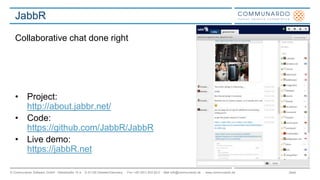 Seite© Communardo Software GmbH · Kleiststraße 10 a · D-01129 Dresden/Germany · Fon +49 (351) 833 82-0 · Mail info@communardo.de · www.communardo.de
JabbR
Collaborative chat done right
• Project:
http://about.jabbr.net/
• Code:
https://github.com/JabbR/JabbR
• Live demo:
https://jabbR.net
 