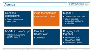 Seite© Communardo Software GmbH · Kleiststraße 10 a · D-01129 Dresden/Germany · Fon +49 (351) 833 82-0 · Mail info@communardo.de · www.communardo.de
Agenda
16
Realtime
applications
• Goals, use cases,
examples
Push technologies
• WebSockets, Comet
SignalR
• Connections and hubs
• Client libraries,
supported platforms,
scalability
MVVM in JavaScript
• knockout.js, jQuery,
JSON, oDATA
Events in
SharePoint
• Overview
Bringing it all
together
• SharePoint 2010
• SharePoint 2013
• SharePoint Online
 