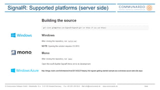 Seite© Communardo Software GmbH · Kleiststraße 10 a · D-01129 Dresden/Germany · Fon +49 (351) 833 82-0 · Mail info@communardo.de · www.communardo.de
SignalR: Supported platforms (server side)
http://blogs.msdn.com/b/timlee/archive/2013/02/27/deploy-the-signalr-getting-started-sample-as-a-windows-azure-web-site.aspx
 