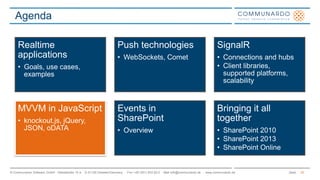 Seite© Communardo Software GmbH · Kleiststraße 10 a · D-01129 Dresden/Germany · Fon +49 (351) 833 82-0 · Mail info@communardo.de · www.communardo.de
Agenda
35
Realtime
applications
• Goals, use cases,
examples
Push technologies
• WebSockets, Comet
SignalR
• Connections and hubs
• Client libraries,
supported platforms,
scalability
MVVM in JavaScript
• knockout.js, jQuery,
JSON, oDATA
Events in
SharePoint
• Overview
Bringing it all
together
• SharePoint 2010
• SharePoint 2013
• SharePoint Online
 