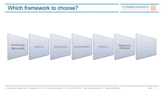 Seite© Communardo Software GmbH · Kleiststraße 10 a · D-01129 Dresden/Germany · Fon +49 (351) 833 82-0 · Mail info@communardo.de · www.communardo.de
Which framework to choose?
knockout.js
(Microsoft)
spine.js SproutCore JavascriptMVC ember.js
Angluar.js
(Google)
…
37
 