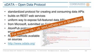 Seite© Communardo Software GmbH · Kleiststraße 10 a · D-01129 Dresden/Germany · Fon +49 (351) 833 82-0 · Mail info@communardo.de · www.communardo.de
oDATA – Open Data Protocol
• standardized protocol for creating and consuming data APIs
• builds on REST web services
• uniform way to expose full-featured data APIs
• from Microsoft, submitted as OASIS standard
• AtomPub protocol as
envelope for JSON
• REST methods available
on sources
• http://www.odata.org/
 
