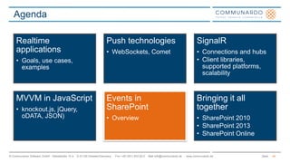 Seite© Communardo Software GmbH · Kleiststraße 10 a · D-01129 Dresden/Germany · Fon +49 (351) 833 82-0 · Mail info@communardo.de · www.communardo.de
Agenda
44
Realtime
applications
• Goals, use cases,
examples
Push technologies
• WebSockets, Comet
SignalR
• Connections and hubs
• Client libraries,
supported platforms,
scalability
MVVM in JavaScript
• knockout.js, jQuery,
oDATA, JSON)
Events in
SharePoint
• Overview
Bringing it all
together
• SharePoint 2010
• SharePoint 2013
• SharePoint Online
 