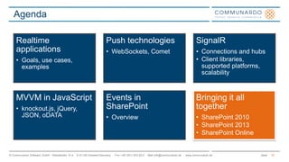 Seite© Communardo Software GmbH · Kleiststraße 10 a · D-01129 Dresden/Germany · Fon +49 (351) 833 82-0 · Mail info@communardo.de · www.communardo.de
Agenda
47
Realtime
applications
• Goals, use cases,
examples
Push technologies
• WebSockets, Comet
SignalR
• Connections and hubs
• Client libraries,
supported platforms,
scalability
MVVM in JavaScript
• knockout.js, jQuery,
JSON, oDATA
Events in
SharePoint
• Overview
Bringing it all
together
• SharePoint 2010
• SharePoint 2013
• SharePoint Online
 