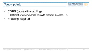 Seite© Communardo Software GmbH · Kleiststraße 10 a · D-01129 Dresden/Germany · Fon +49 (351) 833 82-0 · Mail info@communardo.de · www.communardo.de
Weak points
• CORS (cross site scripting)
• Different browsers handle this with different success… ;-)
• Proxying required
 