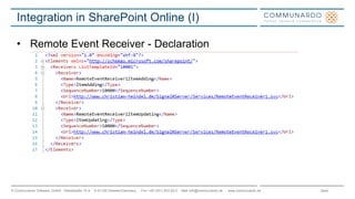 Seite© Communardo Software GmbH · Kleiststraße 10 a · D-01129 Dresden/Germany · Fon +49 (351) 833 82-0 · Mail info@communardo.de · www.communardo.de
Integration in SharePoint Online (I)
• Remote Event Receiver - Declaration
 