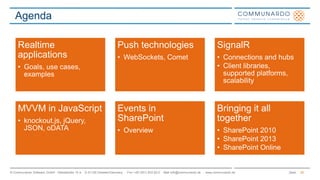 Seite© Communardo Software GmbH · Kleiststraße 10 a · D-01129 Dresden/Germany · Fon +49 (351) 833 82-0 · Mail info@communardo.de · www.communardo.de
Agenda
55
Realtime
applications
• Goals, use cases,
examples
Push technologies
• WebSockets, Comet
SignalR
• Connections and hubs
• Client libraries,
supported platforms,
scalability
MVVM in JavaScript
• knockout.js, jQuery,
JSON, oDATA
Events in
SharePoint
• Overview
Bringing it all
together
• SharePoint 2010
• SharePoint 2013
• SharePoint Online
 