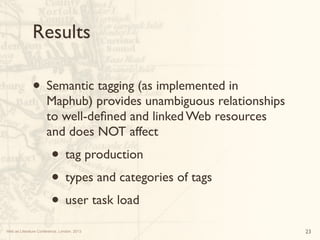 Web as Literature Conference, London, 2013
Results
• Semantic tagging (as implemented in
Maphub) provides unambiguous rela...