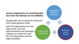Leraren organiseren en verantwoorden
hun werk met behulp van ict-middelen.
Zij gebruiken de ict-systemen waarvoor
hun school gekozen heeft.
Voor het organiseren van hun
eigen werk, voor het
communiceren met leerlingen,
collega’s en ouders én voor
het verantwoorden van hun
eigen handelen.
Pedagogisch
didactisch
handelen
Werken in
school
context
Professionele
ontwikkeling
 