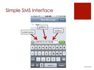 Simple SMS Interface
@aaronpk
odometer
gallons
dollars
 