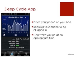 Sleep Cycle App
¡ Place your phone on your bed
¡ Requires your phone to be
plugged in
¡ Can wake you up at an
appropriate time
@aaronpk
 