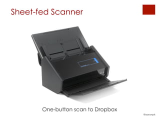 Sheet-fed Scanner
@aaronpk
One-button scan to Dropbox
 