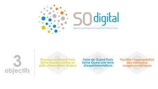 1 2 3Promouvoir Grand Paris
Seine Ouest comme un
pôle d'innovation majeur
Faire de Grand Paris
Seine Ouest une terre
d'expérimentations
Faciliter l'appropriation
des nouveaux
usages numériques3objectifs
Agence numérique de Grand Paris Seine Ouest
 