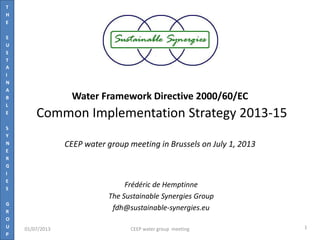 T
H
E
S
U
S
T
A
I
N
A
B
L
E
S
Y
N
E
R
G
I
E
S
G
R
O
U
P
Water Framework Directive 2000/60/EC
Common Implementation Strategy 2013-15
CEEP water group meeting in Brussels on July 1, 2013
Frédéric de Hemptinne
The Sustainable Synergies Group
fdh@sustainable-synergies.eu
01/07/2013 CEEP water group meeting 1
 