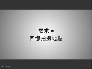 2013-07-01 24
需求 =
回憶拍攝地點
 