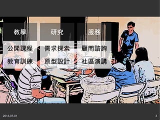 2013-07-01 3
公開課程
教育訓練
教學
需求探索
原型設計
研究
顧問諮詢
社區演講
服務
 