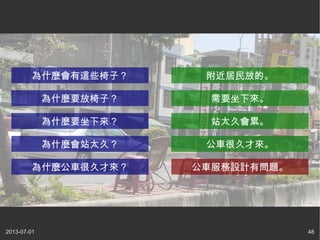 2013-07-01 48
為什麼會有這些椅子？ 附近居民放的。
為什麼要放椅子？ 需要坐下來。
為什麼要坐下來？ 站太久會累。
為什麼會站太久？ 公車很久才來。
為什麼公車很久才來？ 公車服務設計有問題。
 