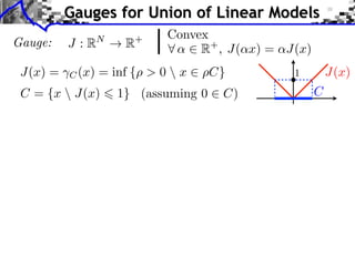Gauge: J : RN
! R+
8 ↵ 2 R+
, J(↵x) = ↵J(x)
J(x) = C(x) = inf {⇢ > 0  x 2 ⇢C}
C = {x  J(x) 6 1} (assuming 0 2 C)
Gauges for Union of Linear Models
J(x)
C
1
Convex
 