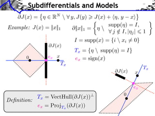 Tx
x@J(x)
0
Deﬁnition:
I = supp(x) = {i  xi 6= 0}
Tx = VectHull(@J(x))?
Subdifferentials and Models
ex
ex = ProjTx
(@J(x))
ex = sign(x)
Tx = {⌘  supp(⌘) = I}
Example: J(x) = ||x||1 @||x||1 =
⇢
⌘ 
supp(⌘) = I,
8 j /2 I, |⌘j| 6 1
ex
Tx
x
@J(x)
0
@J(x) = ⌘ 2 RN
 8 y, J(y) > J(x) + h⌘, y xi
 