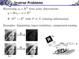 Examples: Inpainting, super-resolution, compressed-sensing
y = x0 + w 2 RP
Inverse Problems
Recovering x0 RN
from noisy observations
x0
x0
 