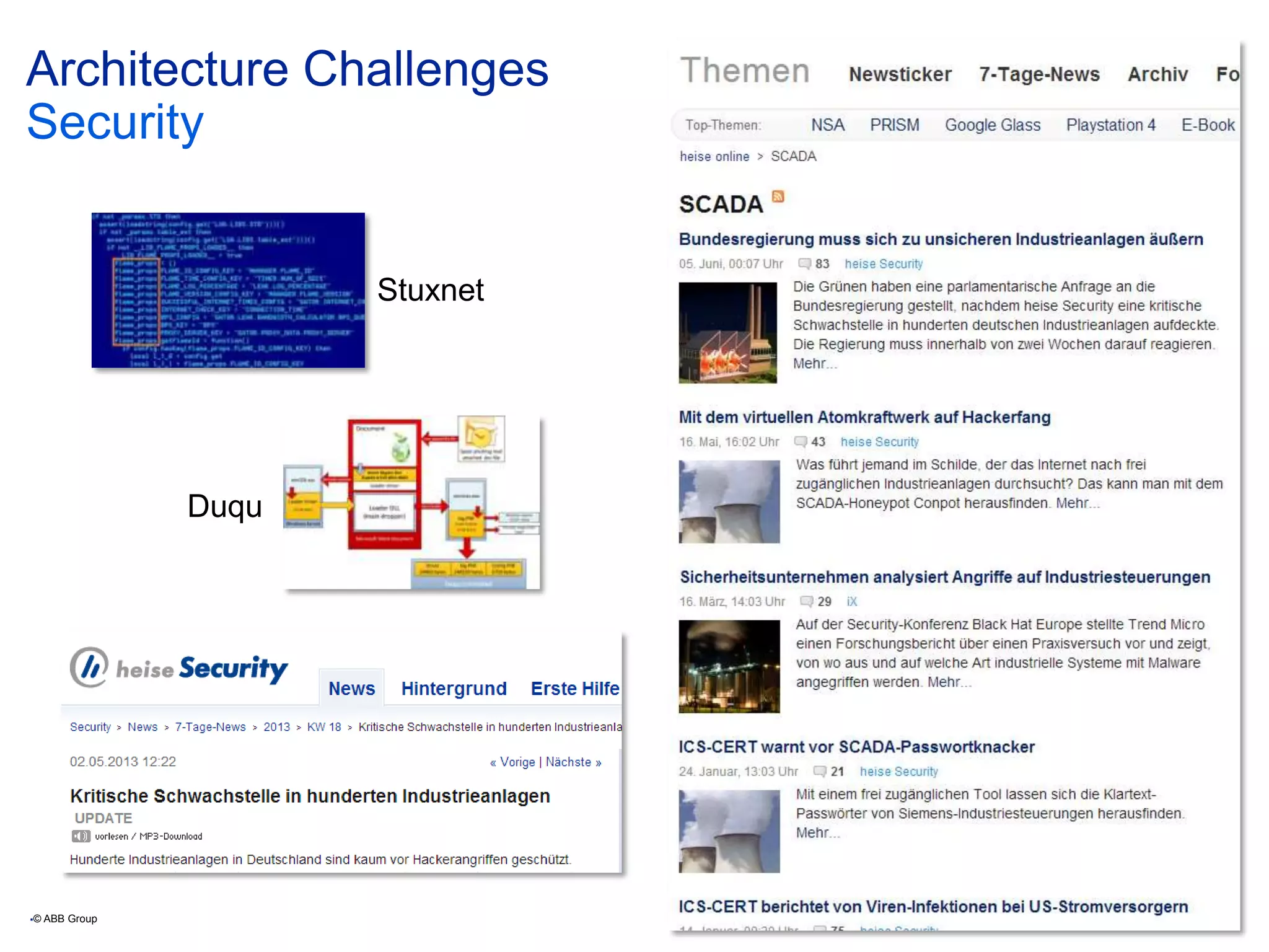 Architecture Challenges
Security
© ABB Group
Stuxnet
Duqu
 